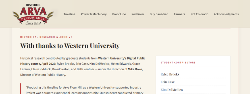 Screenshot of Thank you Message to Western University on Arva Flour Mill Website